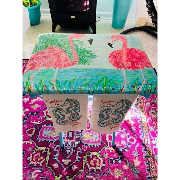 Flamingo Tray Table Hand Painted Coastal Original Vintage Rare Wood L19” W14” H2 - Picture 6 of 16